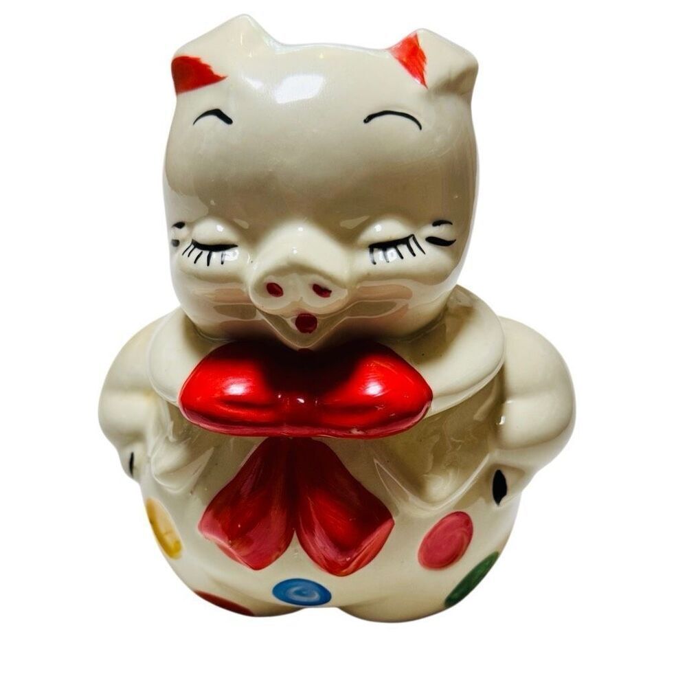 Shawnee American Bisque Vintage Polka Dot Smiling Pig Sugar Jar Ceramic